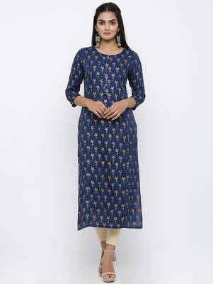 Women's Teal Rayon leaf print Straight Kurta 1