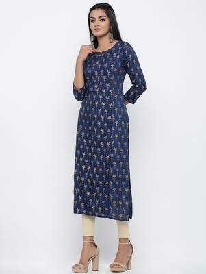 Women's Teal Rayon leaf print Straight Kurta 2