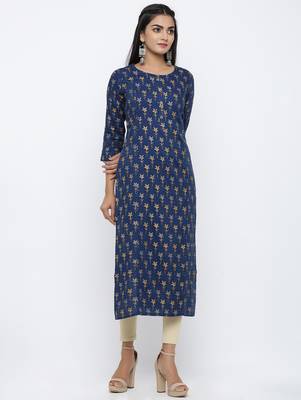 Women's Teal Rayon leaf print Straight Kurta 3