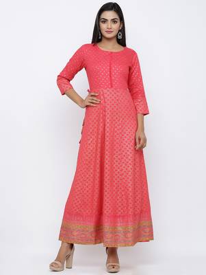 Women's Pink Rayon Gold Print Anarkali Kurta 1