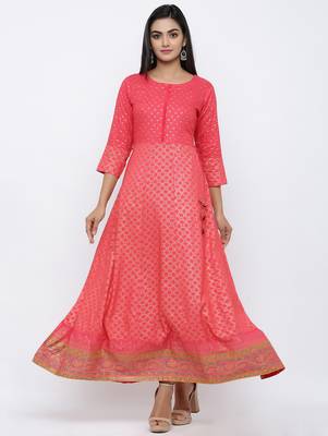 Women's Pink Rayon Gold Print Anarkali Kurta 2
