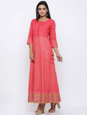 Women's Pink Rayon Gold Print Anarkali Kurta 3