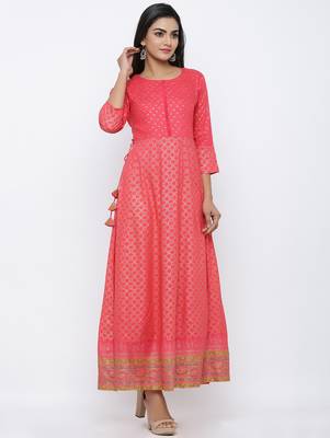 Women's Pink Rayon Gold Print Anarkali Kurta 4