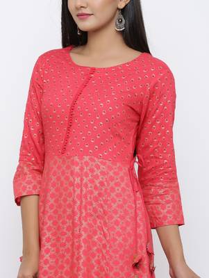 Women's Pink Rayon Gold Print Anarkali Kurta 5