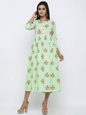Women's Light Green Cotton Cambric BUTA PRINT Anarkali Kurta 1