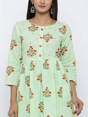 Women's Light Green Cotton Cambric BUTA PRINT Anarkali Kurta 4