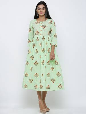 Women's Light Green Cotton Cambric BUTA PRINT Anarkali Kurta 5