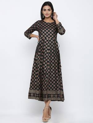 Women's Black Rayon Slub Gold Print Anarkali Kurta 1