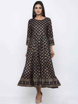 Women's Black Rayon Slub Gold Print Anarkali Kurta 2