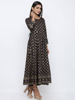 Women's Black Rayon Slub Gold Print Anarkali Kurta 3