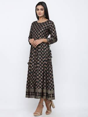 Women's Black Rayon Slub Gold Print Anarkali Kurta 4