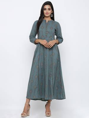 Women's Grey Cotton Cambric running print A-line Kurta 1