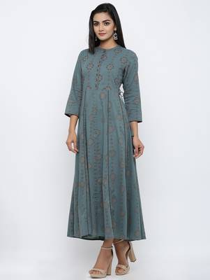Women's Grey Cotton Cambric running print A-line Kurta 2