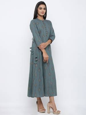 Women's Grey Cotton Cambric running print A-line Kurta 3