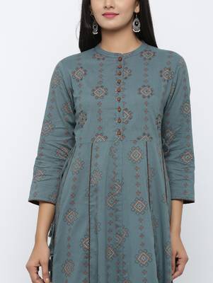 Women's Grey Cotton Cambric running print A-line Kurta 4