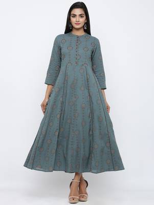 Women's Grey Cotton Cambric running print A-line Kurta 5