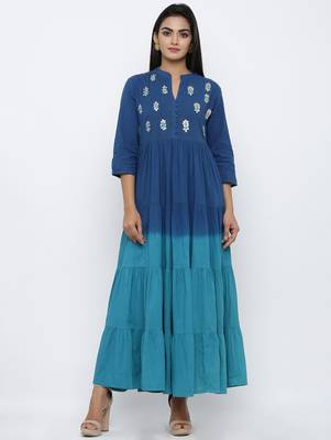 Women's Navy Blue Cotton Cambric Tye Dye Print Anarkali Kurta 1
