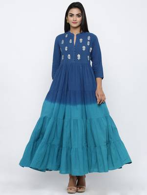 Women's Navy Blue Cotton Cambric Tye Dye Print Anarkali Kurta 2