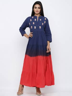 Women's Red & Blue Cotton Cambric Tye Dye Print Anarkali Kurta 1