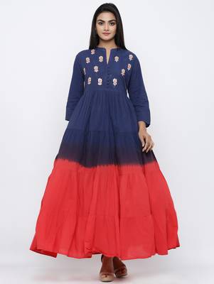 Women's Red & Blue Cotton Cambric Tye Dye Print Anarkali Kurta 2