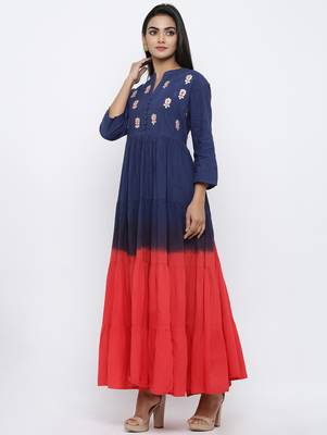 Women's Red & Blue Cotton Cambric Tye Dye Print Anarkali Kurta 3