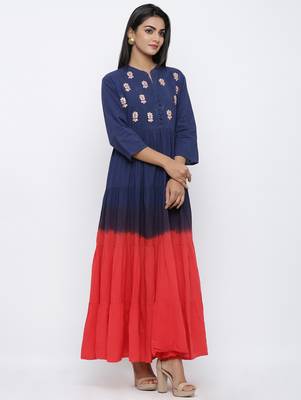 Women's Red & Blue Cotton Cambric Tye Dye Print Anarkali Kurta 4