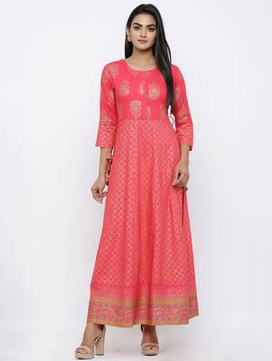 Women's Pink Rayon Gold Print Anarkali Kurta 1