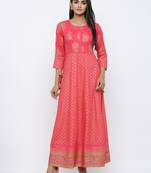 Women's Pink Rayon Gold Print Anarkali Kurta