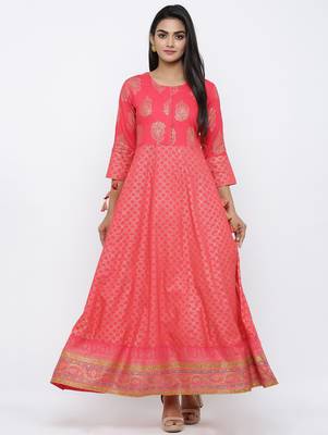 Women's Pink Rayon Gold Print Anarkali Kurta 2