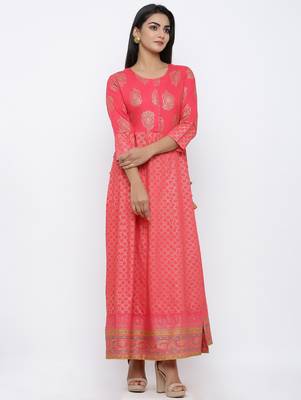 Women's Pink Rayon Gold Print Anarkali Kurta 3