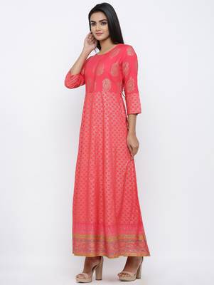 Women's Pink Rayon Gold Print Anarkali Kurta 4