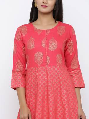 Women's Pink Rayon Gold Print Anarkali Kurta 5