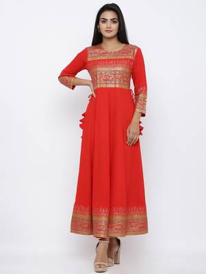 Women's Red Cotton Cambric Gold Print Anarkali Kurta 1