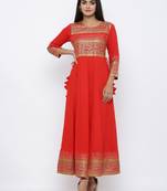 Women's Red Cotton Cambric Gold Print Anarkali Kurta