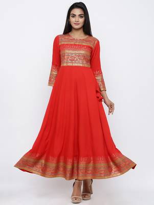 Women's Red Cotton Cambric Gold Print Anarkali Kurta 2