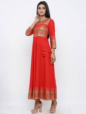 Women's Red Cotton Cambric Gold Print Anarkali Kurta 3