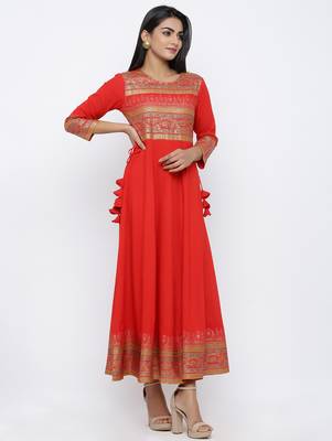 Women's Red Cotton Cambric Gold Print Anarkali Kurta 4
