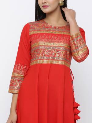 Women's Red Cotton Cambric Gold Print Anarkali Kurta 5