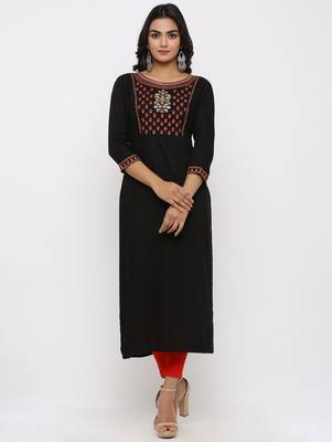 Women's Black Rayon Slub Embroidery Straight Kurta 1