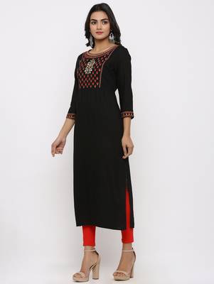 Women's Black Rayon Slub Embroidery Straight Kurta 2
