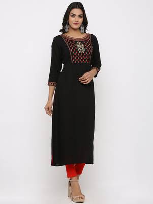 Women's Black Rayon Slub Embroidery Straight Kurta 3