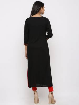 Women's Black Rayon Slub Embroidery Straight Kurta 5