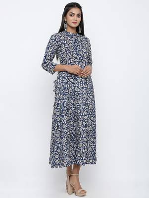 Women's Navy Cotton Cambric Applique Anarkali Kurta 3