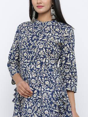 Women's Navy Cotton Cambric Applique Anarkali Kurta 4