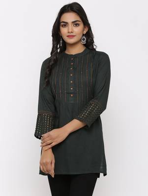 Women's Dark Green Rayon Applique Straight Tunic Kurti 1