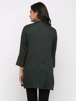 Women's Dark Green Rayon Applique Straight Tunic Kurti 4