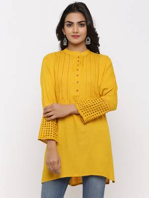 Women's Mustard Rayon Applique Straight Tunic Kurti 1