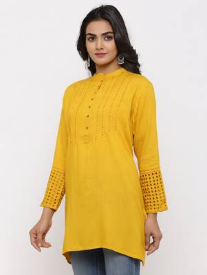 Women's Mustard Rayon Applique Straight Tunic Kurti 2
