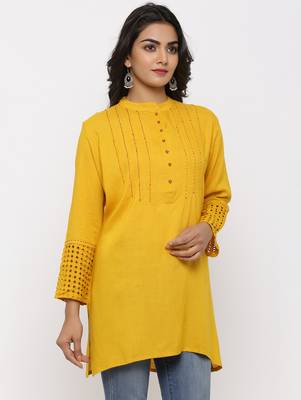 Women's Mustard Rayon Applique Straight Tunic Kurti 3