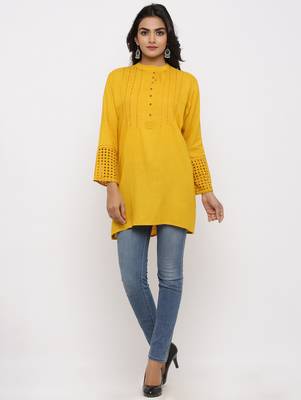 Women's Mustard Rayon Applique Straight Tunic Kurti 5